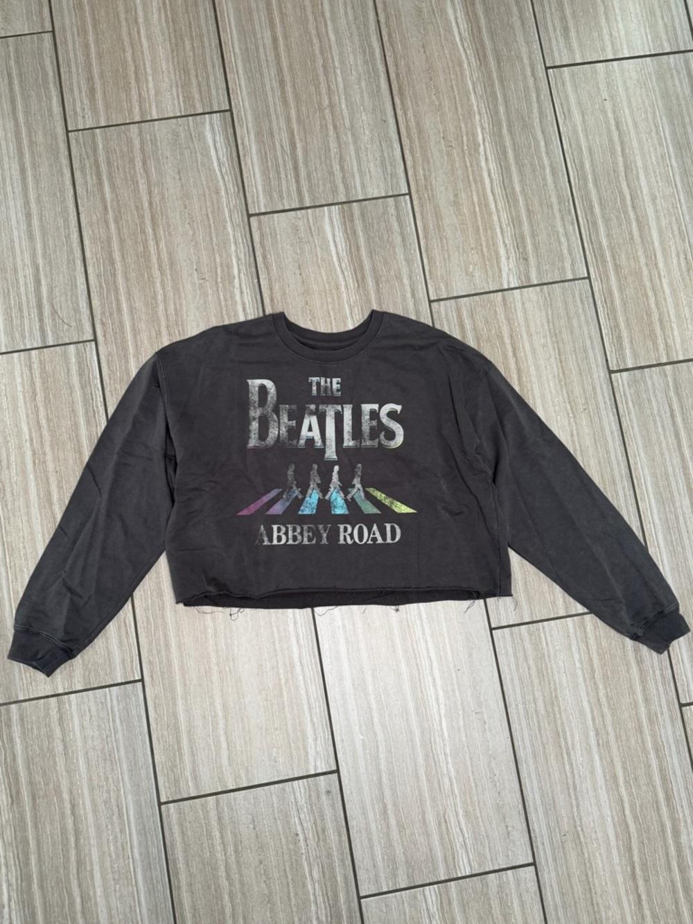 The Beatles Logo Crop Top Pullover - Black with Silver Print